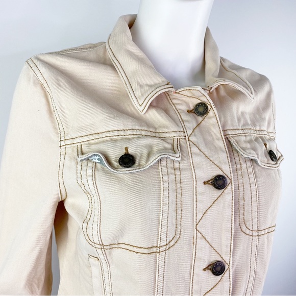 Free People Size M Cream Beige Long Sleeve Button Up Denim Jacket - Picture 3 of 10
